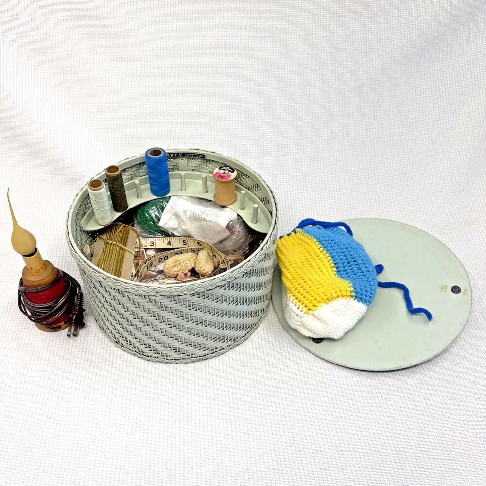 Vintage Wicker Sewing Basket filled with crafts & accessories! Mint Green Harvey